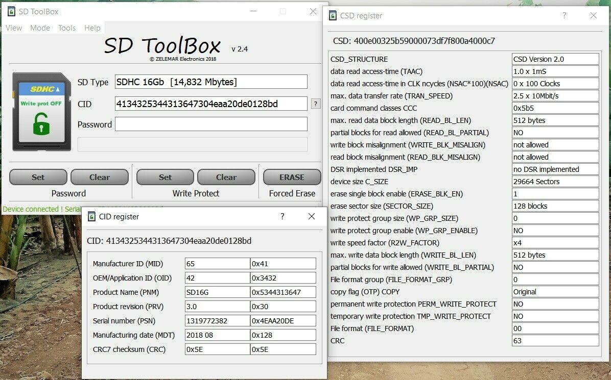 SD CARD TOOLBOX. Read CID/CSD, set / remove password & write